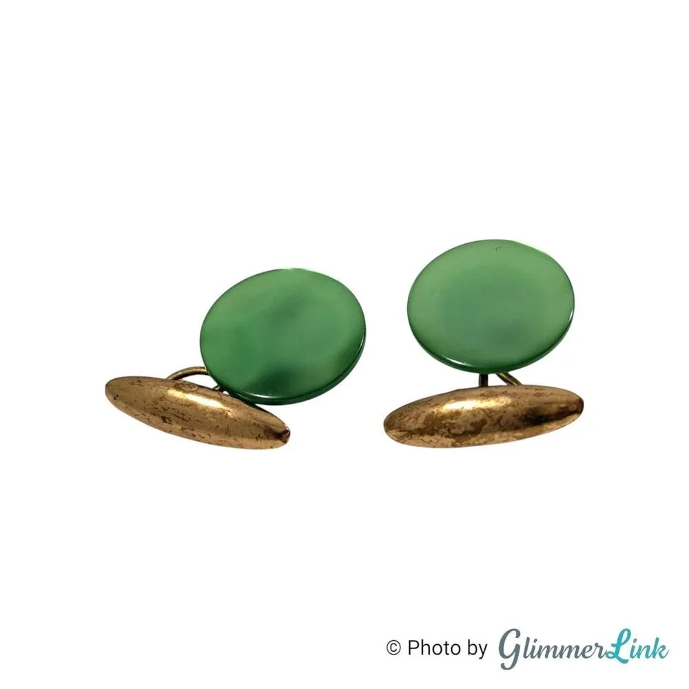 Vintage Green Button Style Cufflinks Gold Tone Mid Century